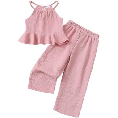 Kucnuzki Baby Girl Clothes Toddler Girl Summer Outfits Sleeveless Ruffle Halter Tops Wide Leg Pants Kids Clothing Set
