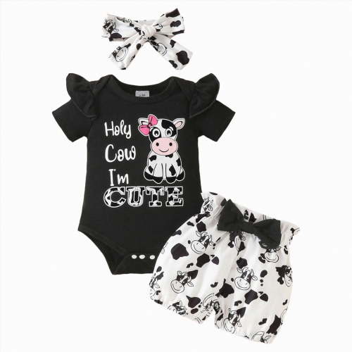 OYXSER Newborn Infant Baby Girl Clothes 3 6 Months Romper Shorts Set Cute Cow Floral Shorts with Headband, Black 3-6M