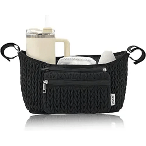 Stroller Organizer - Stylish Quilting Nylon, Universal Fit, Detachable Bag, Adjustable Multi-Storage for Baby Stroller and Pet Stroller（Black-A