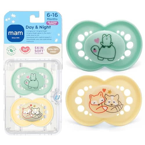MAM Original Baby Pacifiers 16+ Months, Binky for Newborn Babies, BPA-Free Skin Soft Silicone Nipple, Glows in The Dark, Developed with Medical Experts, 2 Count, Sterilizer Case, Made in Europe