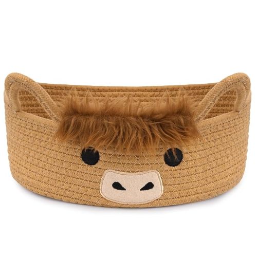 Oval Highland Cute Cow Basket for Nursery, Small Woven Gift Basket, Rope Cotton Storage for Gifts Empty, Baby Shower Blanket 0rganizer with Handles,Towel Decorative Bins, 12"D x 5"H in