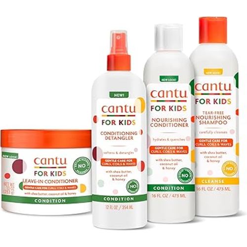 Cantu Care for Kids Haircare Regimen Set with Large Size Shampoo + Conditioner + Detangler + Leave-In Conditioner (Pack of 4)
