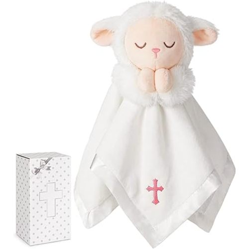 Lamb Baptism Blanket, Lamb Loveys for Baby Girls, Security Blanket with Embroidered Pink Cross, Soft Baby Blanket for Newborns Toddlers, Baptism Gifts for Christening Baby Showers, 12in