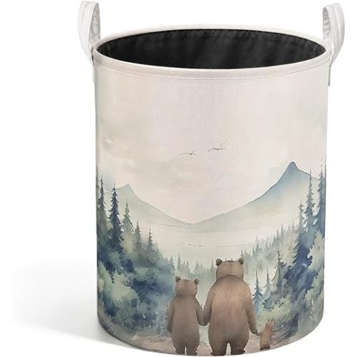 Rustic Forest Bear Nursery Laundry Basket, Nature Mountain Bear Family Laundry Hamper Waterproof Collapsible Clothes Toys Storage Bin Organizer for Kids Room Playroom Bathroom