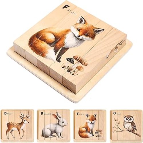 Promise Babe Wooden Forest Animal Puzzles Toy for Toddlers 1-3, 4-in-1 Montessori Toys Learning Educational Chunky Puzzle for 2-4 Years Old, Baby Boys Girls Gifts
