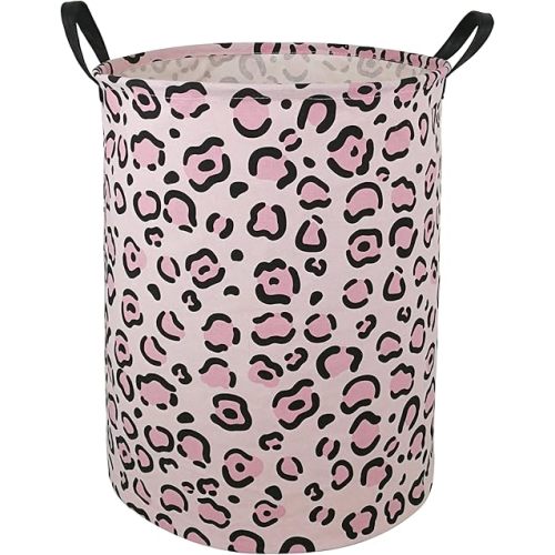 19.7 Inches Large Laundry Basket Waterproof Round Cotton Linen Collapsible Storage bin with Handles for Hamper Kids Room,Toy Storage(Leopard print)