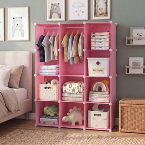 Costway 10-Cube Modular Baby Wardrobe Closet with Hanging Rods & Open Shelves for Clothes Pink