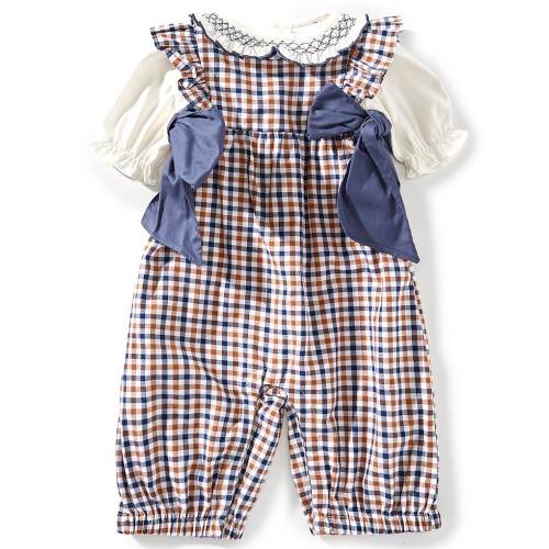 Edgehill Collection Baby Girls Side-Tie Long Sleeve Plaid Romper