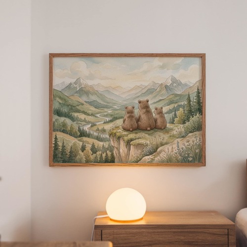 Woodland Bear Family Nursery Wall Art, Sage Green Mountain Print, Scandinavian Storybook Decor for Boys and Girls Playroom