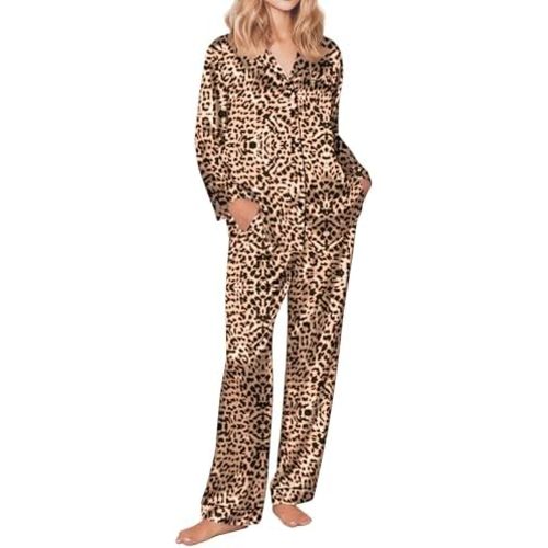Ekouaer Womens Silk Satin Pajama Set Button Up Long Sleeve Pjs Sleepwear