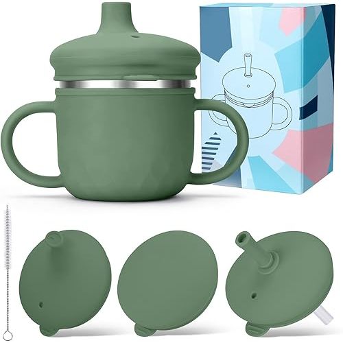 BUSOHA Stainless Steel Toddler Sippy Cup – 8oz Spill-Proof Straw Cup for 6+ Month Babies & Toddlers, 3-in-1 Reusable Travel Cup with Brush – Dishwasher Safe, Kids Drinking Cup,Dark Green