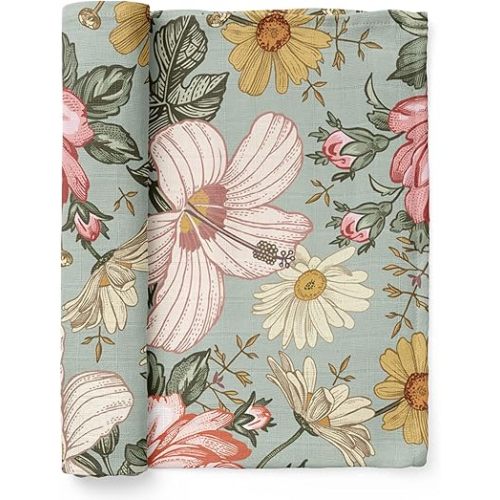 Mini Wander Swaddles for Newborns Muslin Swaddle Blankets - Breathable Soft Receiving Floral Blanket Baby Essentials | 47 x 47 Cotton - Garden Floral (Sea Foam)