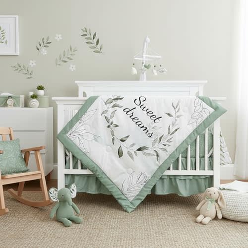 Green Leaf Crib Bedding Set, 4-Piece Baby Boy Bedding Set, Neutral Nursery Bedding Set, Fitted Crib Sheet, Crib Skirt, Baby Quilt, and Diaper Stacker, Sage