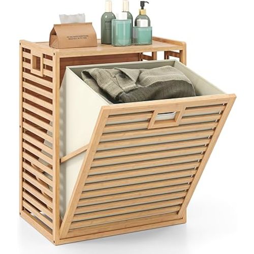 Giantex Tilt Out Laundry Hamper, Bamboo Laundry Storage Cabinet with Removable & Foldable Fabric Bin, Top Shelf, Laundry Basket Organizer for Bathroom, Laundry Room, Living Room, Bedroom, Natural