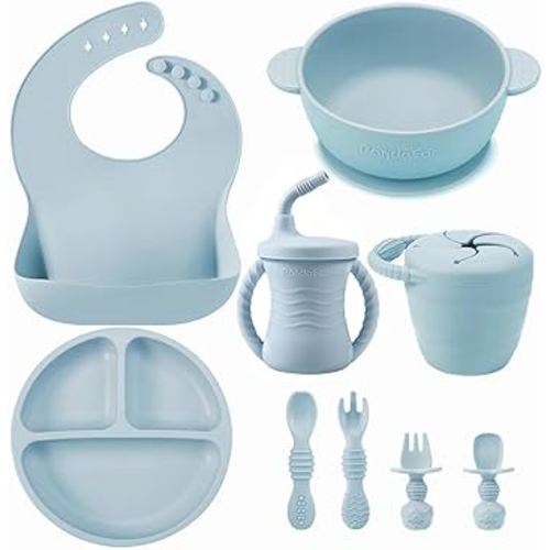 PandaEar Silicone Baby Feeding Set | 9PCS Baby Led Weaning Supplies Self Feeding Utensils | Divided Suction Plate Bowl Bibs Sippy Cup with Baby Snack Container Spoons Forks (Blue)