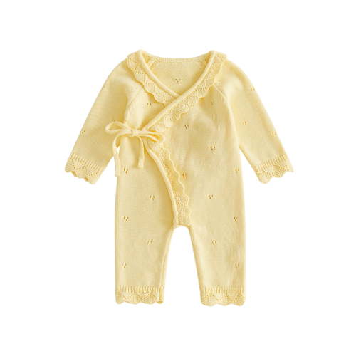 Loicainy Newborn Infant Girl Front Tie Knit Romper 3 6 Months Scallop Trim V Neck Long Sleeve Jumpsuit