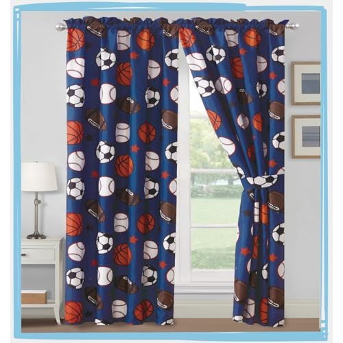 WPM Sports Curtains for Boys Bedroom : 4 Piece Blue Curtain Set with Panel and tiebacks Football Soccer Baseball Basketball Fun Sports Design (Football, Curtain Set)