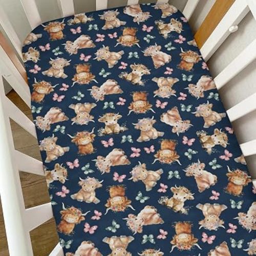 Baby Highland Cow Floral Crib Sheets for Boy Girl Boho Cows Flowers Butterflies Soft Snug Fitted Crib Mattress Covers for 52''x28'' Standard Crib & Toddler Mattress Western Farm Animal Bed Sheets