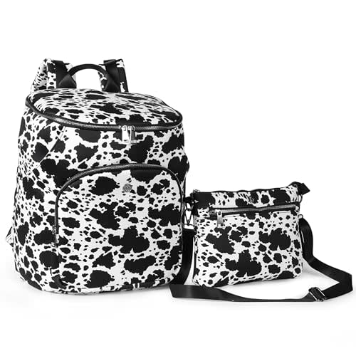 A + S Luxxe Baby Diaper Bag Backpack 2 Pack - Waterproof - 11 Pockets & Insulated Bottle Pocket - Extra Mini-Pouch Included - Diaper Bag Neoprene Exterior - Cow Print