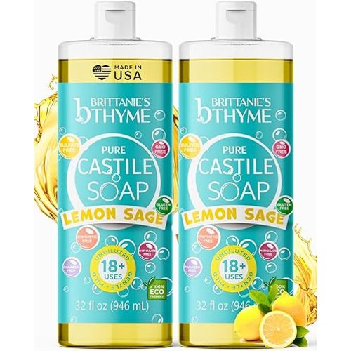 Brittanie’s Pure Castile Liquid Soap Refill, Lemon Sage, 32 Ounce Pack of 2 | Dish Soap, Hair & Body, Home, Gentle and Pure, Made with Natural Luxurious Oils, Vegan & Gluten Free Non-GMO