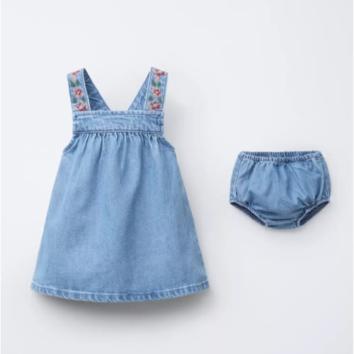 EMBROIDERED DENIM PINAFORE DRESS AND BLOOMERS - Blue | ZARA United States