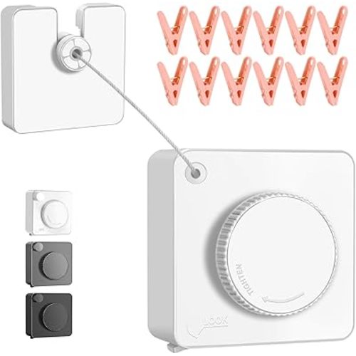15.7Ft Retractable Clothesline Indoor is Also an Anti-sag Retractable Clothesline Outdoor,Stainless Steel Wire Laundry line Retractable for Drying Clothes ，with 12 Clip (White)