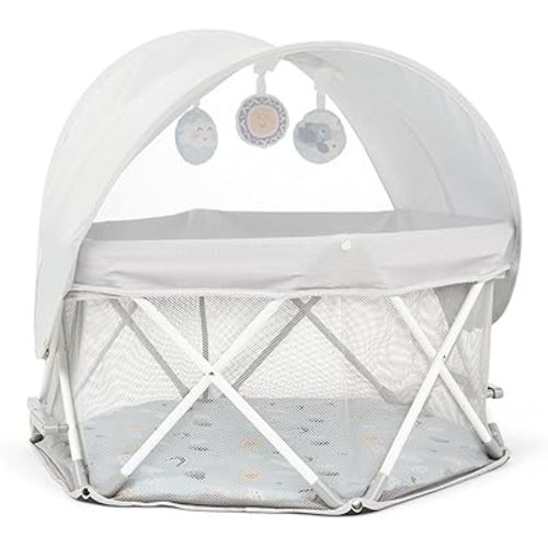 My Play Baby Portable Infant Bassinet, Indoor Outdoor UPF 50+ Canopy, Mesh Sides, 29x14 Inches, Foldable Travel Playard with Toys, Padded Base, Newborn to 15 Pounds