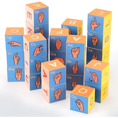 Yousoontic 28 Pcs American Sign Language Alphabet Blocks ASL Wooden Cube Blocks ASL Gifts for Sign Language Learning Hearing Impaired and Speech Therapists