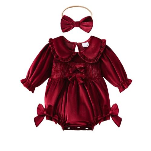 Infant Baby Girl Velvet Bubble Romper Set Long Sleeve Fall Winter Clothes | Newborn Baby Girl Vintage Romper, Baby Girl Holiday Outfit, Peter Pan Collar, Bow Headband, Snap Closure, Family Photoshoot