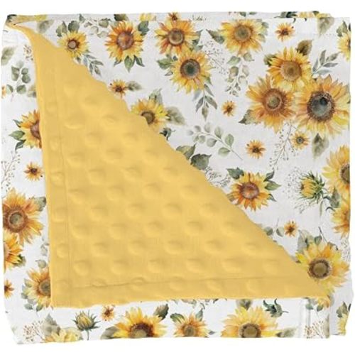 Yellow Sunflower Floral Baby Blankets for Girl Boy Boho Sunflowers Leaves Soft Mink Dotted Backing Double Layer Swaddle Receiving Blanket Summer Spring Garden Bed Throw for Newborn Toddler Crib 30x40
