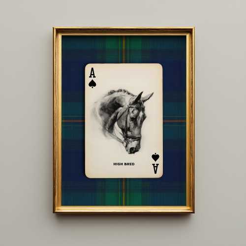 Equestrian Art Framed Print – Navy Plaid Horse Art, Old Money Western Decor, Preppy East Coast Masculine Wall Art, Playing Card Retro Poster