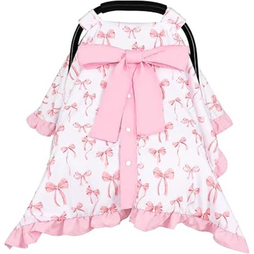 Baby Car Seat Cover with Ruffle Hem and a Removable Bow, Minky Carseat Cover Baby Girl, Peekaboo Opening Infant Car Seat Cover, Breathable Baby Car Seat Canopy for Summer, Pink Bow