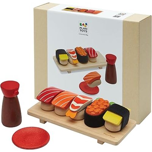 PlanToys® Wooden Pretend Play Food Sushi Kit for Kids | Kitchen Toy Includes Sushi Rolls, Nigiri, Soy Sauce Bottle & Serving Tray | Montessori Kitchen Role Play Toy for Toddlers
