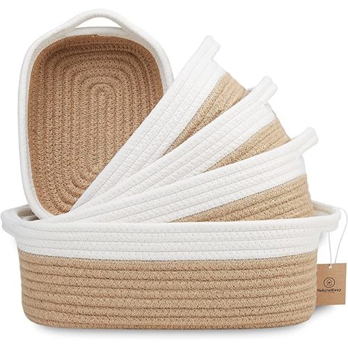 NaturalCozy 5-Piece Rectangle Storage Basket Set- Natural Cotton Rope Woven Baskets for Organizing! Small Basket for Montessori, Baby Nursery, Dog Toy Baskets, Cat Toy Box, Bathroom Organization Bin