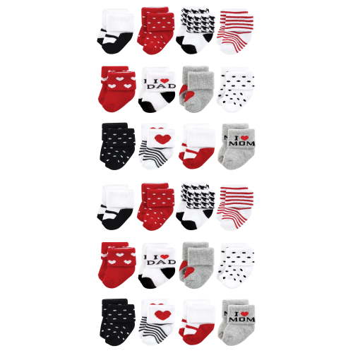 Hudson Baby Cotton Rich Baby Terry Socks 24-Pack, Mom and Dad Girl Red Black, 6-12 Months