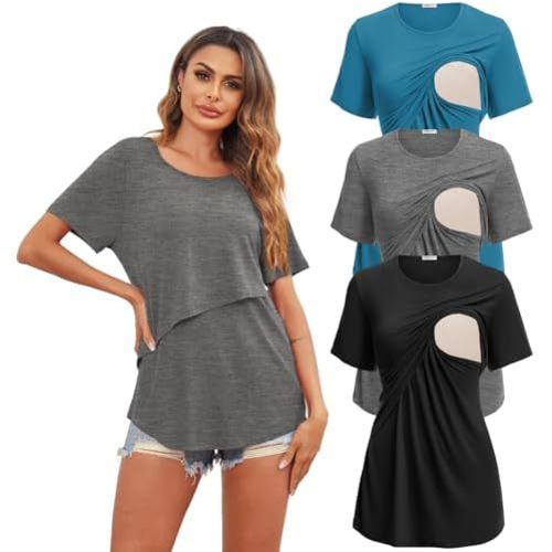 Ekouaer Women's Maternity Shirts Short Sleeves Nursing Tops 3 Pack Double Laye Breastfeeding Tees Pregnancy Clothes S-XXL