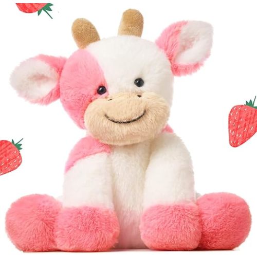 Hopearl Adorable Plush Cow Toy Floppy Dairy Cattle Soft Stuffed Animal Cute Birthday Gifts for Boys Girls Kids Toddlers, Strawberry Pink, 9''