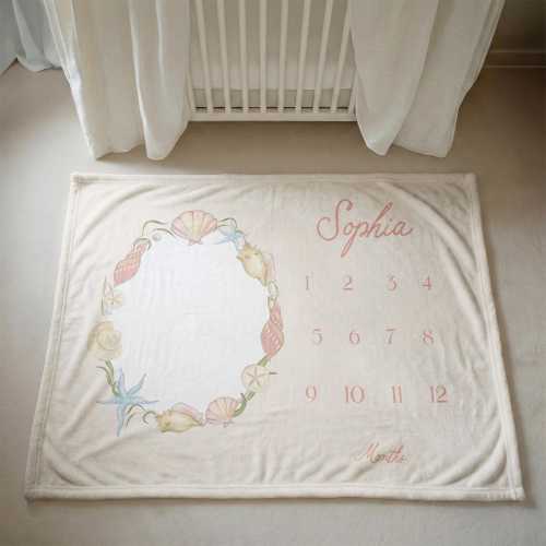 Personalized Seashell Blanket Girl Milestone Blanket Baby Shower Gift Custom Baby Photo Prop Monthly Baby Blanket Newborn Keepsake Baby Gift