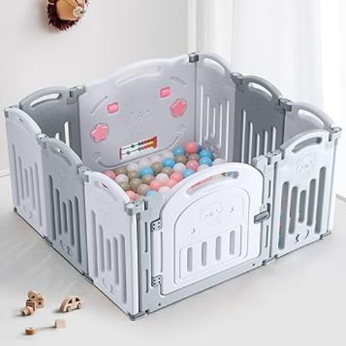 Uanlauo Foldable Playpen for Babies and Toddlers, Baby Playpen 10 Panel Baby Fence with Secure Gate, Versatile Safety Play Pen for Indoor & Outdoor (Grey+White)
