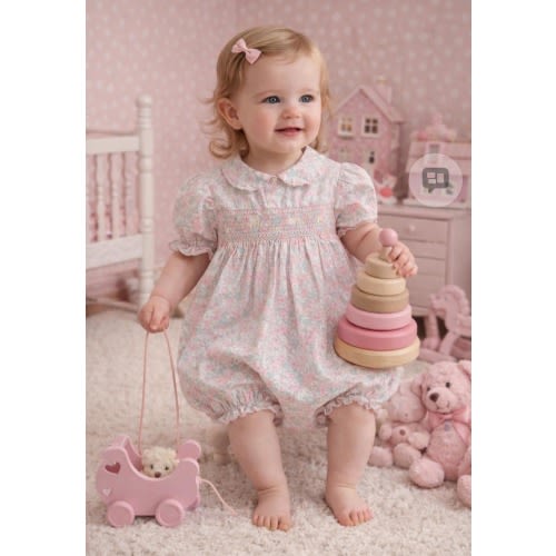 Vintage Baby Smocked Romper | Pink & Blue Floral Cotton Bubble | Size 24M (Fits Smaller) | BabyDresser