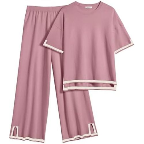 Ekouaer Lounge Set for Women Travel Outfits 2 Piece Sets Short Sleeve Sweater Top Wide Leg Long Pants Loungewear