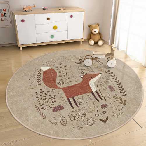 Natural Woodland Fox Kid's Room Round Rug -Forest Animals Nature Scene Circle Carpet-Adorable Playroom Mat-Earthy Nursery Decor-Washable Rug