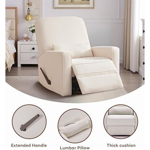 Tbfit 360° Swivel Recliner Chair, Nursery Rocking Chair with Lumbar Support for Bedroom, Comfy Upholstered Armchair with Pillows & Footrest for Living Room, Beige