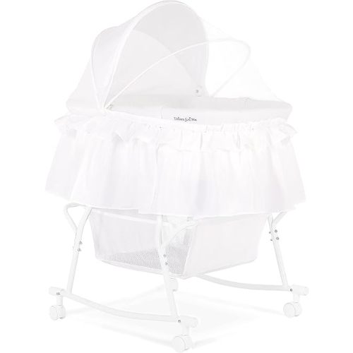 Dream On Me Lacy Portable 2 in 1 Bassinet & Cradle – Lightweight Baby Bed with Rocking Feature, Canopy & Storage Basket, Locking Wheels, Mattress Included, Baby Safety Alliance Certified, 0–25 lbs