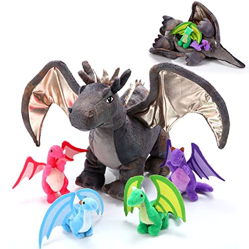 HyDren 5 Pcs Dragon Plush Toys 16 Inch Stuffed Dragon with 4 Babies Dragons in Mommy Dinosaur Belly, Plush Animal for Kids Boys Girls Party Decoration Birthday Student Classroom Prizes