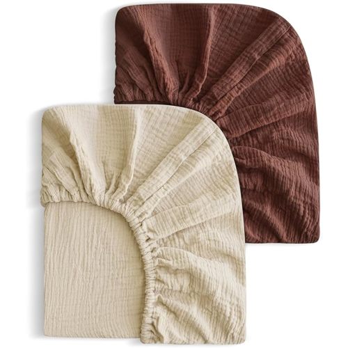 2 Pack Soft Muslin Baby Crib Sheets, 100% Cotton Breathable Double Layer Fitted Sheets for Standard Crib and Toddler Bed Mattresses 28x52 Inches, for Baby Girls and Boys (Cedar & Cream