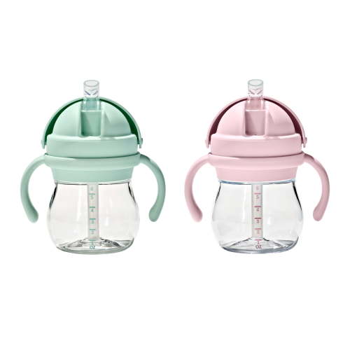 OXO Tot Transitions 6 oz Straw Cup with Removable Handles, 2-Pack, Opal and Blossom, For Toddlers Ages 6 Months and Up