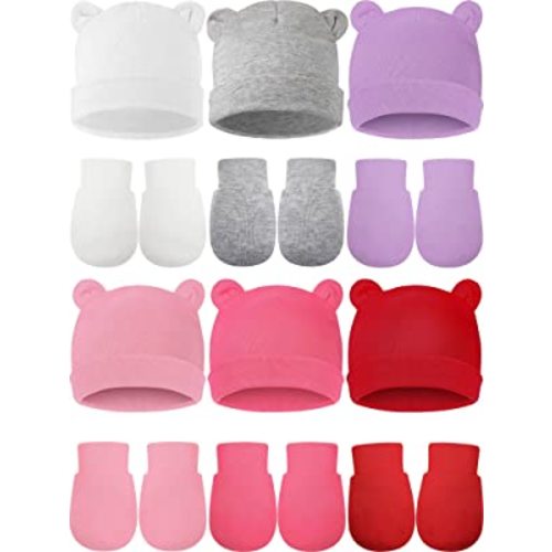 Geyoga 12 Pieces Newborn Hat Mittens Gloves Set Baby Boys Girls Cotton Baby Beanie for 0-12 Months