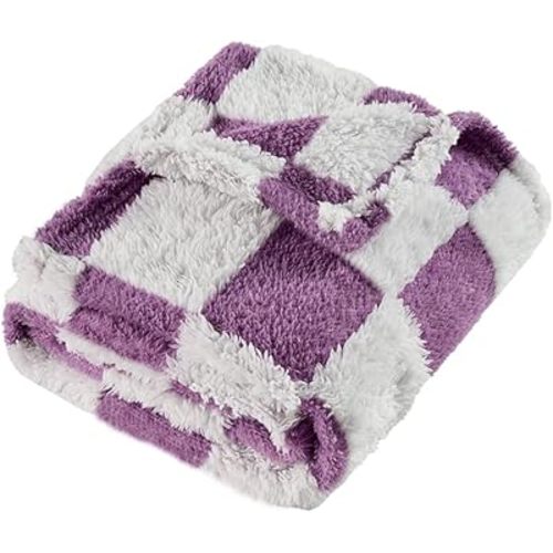 Fleece Baby Blanket for Girls 3D Checkerboard Design, Warm Cozy and Fluffy Infant Newborn Toddler Small Receiving Blankets for Crib Stroller, 30x40 Inches, Purple