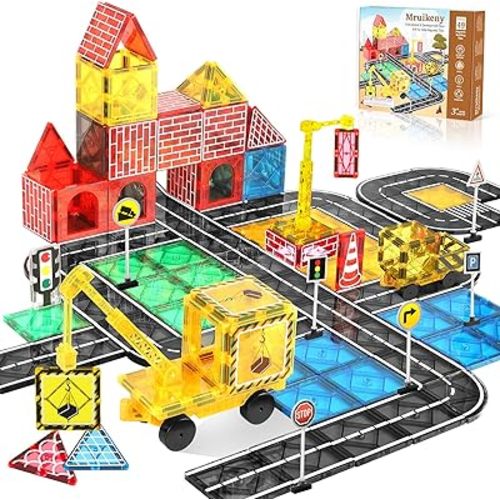 Magnetic Tiles Road Set Kids Toys, Magnetic City Construction Toys with Magnet Crane for 3+ Year Old Boys Girls, STEM Magnet Blocks Building for Kids Ages 3-5 4-8